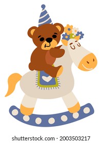 Cute vector flat bear on horseback, boho childrens clipart. Cartoon kids clipart for kids bedroom decor, birthday party or clothing textiles.	
