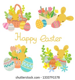 Cute vector flat cartoon Easter decorative and colored eggs and easter bunny, rabbit and spring plants and flowers. Set, collection with hand drawn lettering.