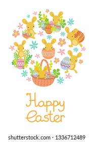 Cute vector flat cartoon Easter decorative and colored eggs and easter bunny, rabbit and spring plants and flowers in circle, round shape. Set, collection with hand drawn lettering.