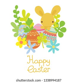 Cute vector flat cartoon Easter decorative and colored eggs and easter bunny, rabbit and spring plants and flowers
