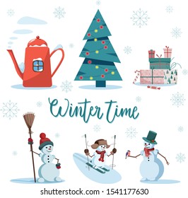 Cute vector flat cartoon style elements for your unique design. Hand written lettering Winter time.