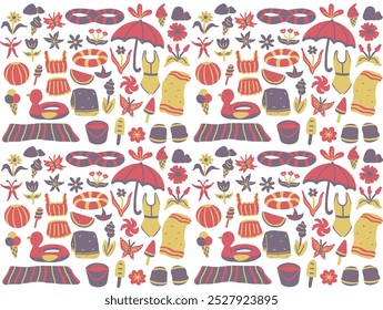 cute vector flat illustration of colorful summer pool party, seamless pattern design