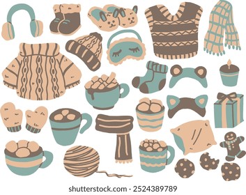 cute vector flat illustration of cozy warm winter party, seamless pattern design
