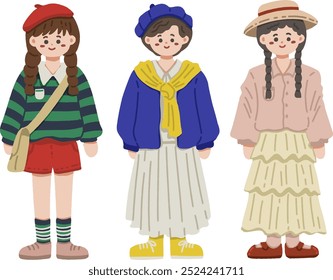 cute vector flat illustration of girly Korean woman outfit character