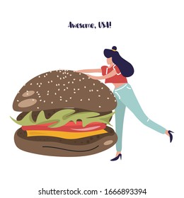 
Cute vector flat illustration with hamburger about travel to USA