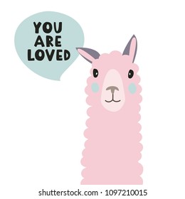 Cute vector flat illustration. Isolated pink lama's head with You are loved words in cloud.