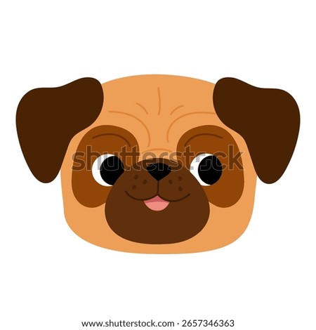 Cute vector flat illustration of pug dog head in cartoon style. Isolated pet image on white background. Funny wrinkled face with big eyes. Kawaii animal for children and design.