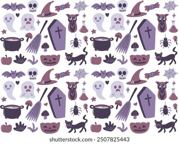 cute vector, flat illustration style of purple Halloween event day, seamless pattern for wallpaper design