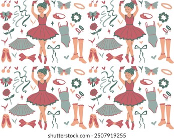 cute vector, flat illustration style of pink green ballet ballerina, seamless pattern for wallpaper design