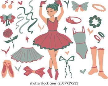 cute vector, flat illustration style of pink green ballet ballerina, seamless pattern for wallpaper design