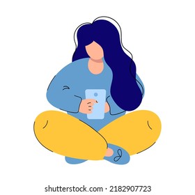 Cute Vector Flat Simple Young Beautiful Woman Using Mobile Phone Sitting With Crossed Legs Isolated Illustration.