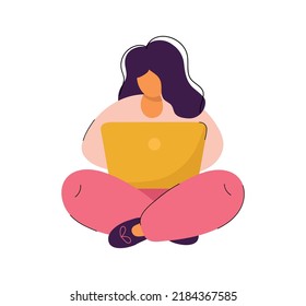 Cute Vector Flat Simple Young Blogger Beautiful Woman Using Notebook Sitting With Crossed Legs Isolated Illustration.