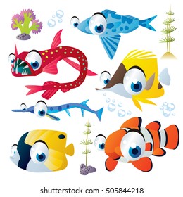 cute vector flat style illustration of sea life animals and fish. Funny collection set of tropical reef underwater creatures: needle fish, viper fish, butterfly fish, clown fish