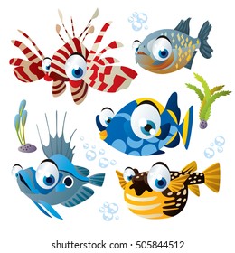 cute vector flat style illustration of sea life animals and fish. Funny collection set of tropical reef underwater creatures: zebra fish, puffer, john dory, piranha