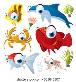 cute vector flat style illustration of sea life animals and fish. Funny collection set of dolphin, grouper, goldfrish, crayfish, crab