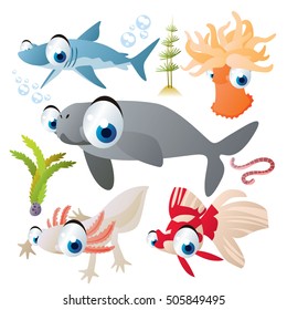 cute vector flat style illustration of sea life animals and fish. Funny collection set of dugong, actinia, gold fish, shark, axolotl