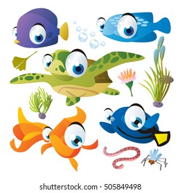 cute vector flat style illustration of sea life animals and fish. Funny collection set of turtle, word, gold fish