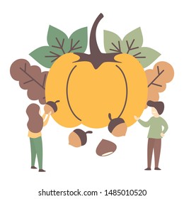 cute vector flat style thanksgiving illustration with male and female characters with autumn elements 