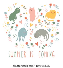 Cute vector flat summer greeting card with cats and flovers