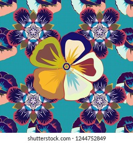 Cute vector floral background. Cosmos flowers seamless pattern in pink, blue and brown colors.
