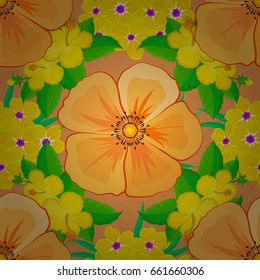 Cute vector floral background. Cosmos flowers seamless pattern on a brown background.