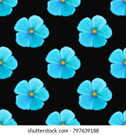 Cute vector floral background. Cosmos flowers seamless pattern in black, gray and blue colors.