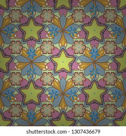 Cute vector floral background. Flowers seamless pattern in blue, yellow and brown colors.