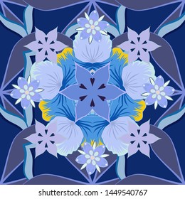 Cute vector floral background. Flowers seamless pattern in blue, violet and yellow colors.