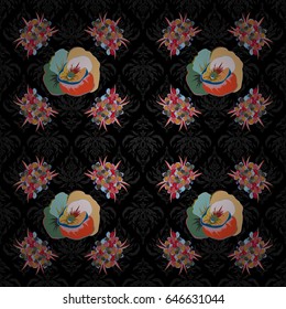 Cute vector floral background. Flowers seamless pattern in green and blue colors.