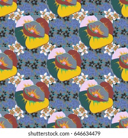 Cute vector floral background. Flowers seamless pattern in yellow, blue and green colors.