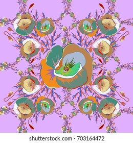 Cute vector floral background. Flowers seamless pattern in green and violet colors.