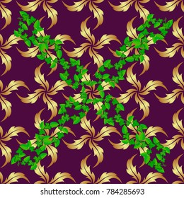 Cute vector floral background. Flowers seamless pattern in green and purple colors.