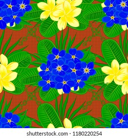 Cute vector floral background. Forget-me-not flowers seamless pattern in orange, blue and green colors.