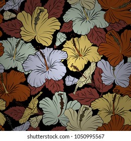 Cute vector floral background. Hibiscus flowers seamless pattern in black and yellow colors.