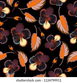 Cute vector floral background. Hibiscus flowers seamless pattern in brown, gray and black colors.
