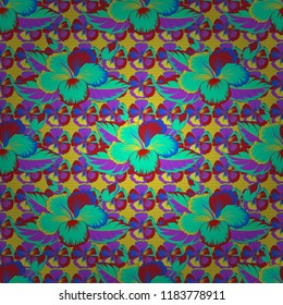 Cute vector floral background. Hibiscus flowers seamless pattern in yellow, green and violet colors.