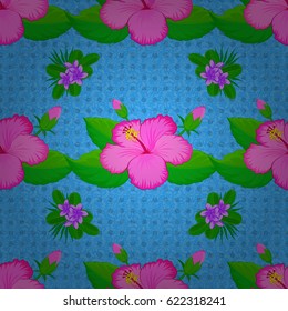 Cute vector floral background. Hibiscus flowers seamless pattern on a blue background.