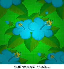 Cute vector floral background. Hibiscus flowers seamless pattern on a green background.