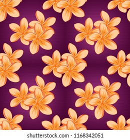Cute vector floral background. Plumeria flowers seamless pattern in orange, purple and beige colors.