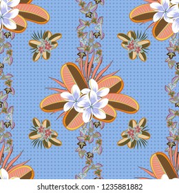 Cute vector floral background. Plumeria flowers seamless pattern in blue, orange and brown colors.