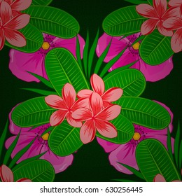 Cute vector floral background. Plumeria flowers seamless pattern on a green background.