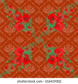 Cute vector floral background. Poppy flowers seamless pattern on a brown background.