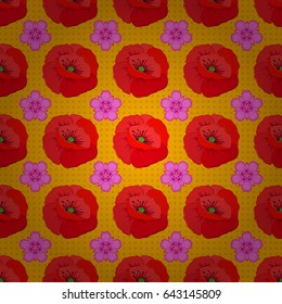 Cute vector floral background. Poppy flowers seamless pattern on a yellow background.