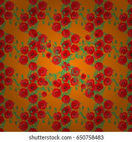 Cute vector floral background. Poppy flowers seamless pattern on a orange background.
