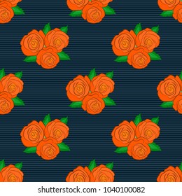 Cute vector floral background. Rose flowers seamless pattern in brown, blue and orange colors.