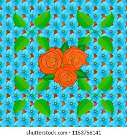 Cute vector floral background. Rose flowers seamless pattern in blue, green and orange colors.