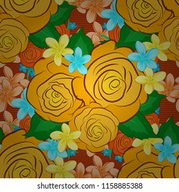 Cute vector floral background. Rose flowers seamless pattern in green, yellow and orange colors.
