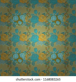 Cute vector floral background. Rose flowers seamless pattern in green, yellow and blue colors.