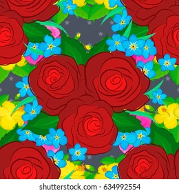 Cute vector floral background. Rose flowers seamless pattern on a gray background.