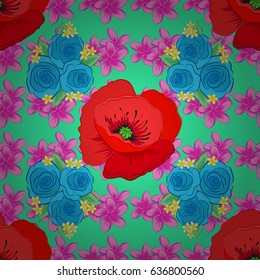 Cute vector floral background. Rose flowers seamless pattern on a green background.